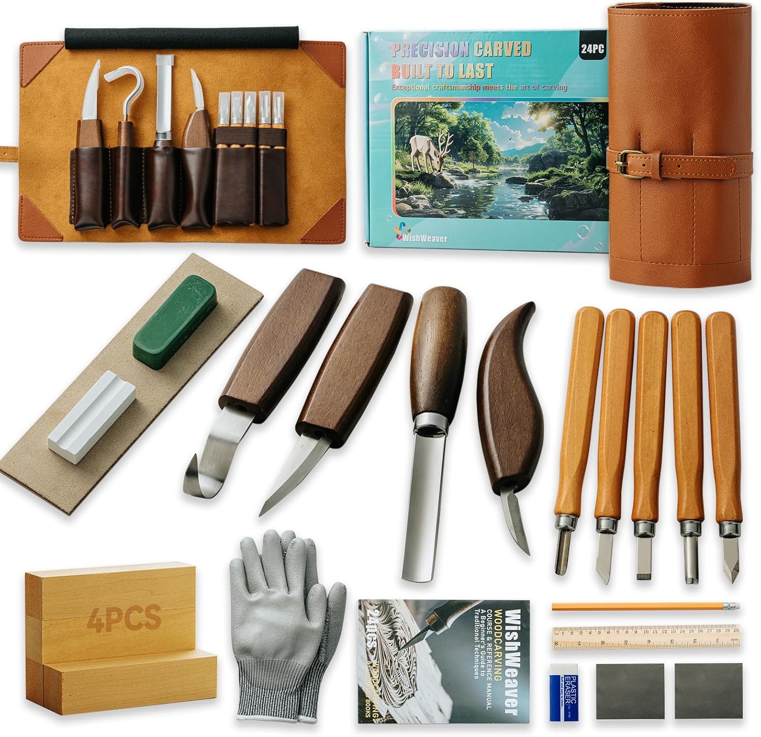 Wood Carving Kit, 24Pcs Wood Carving Tools Set with Leather Storage Bag, Wood Ca
