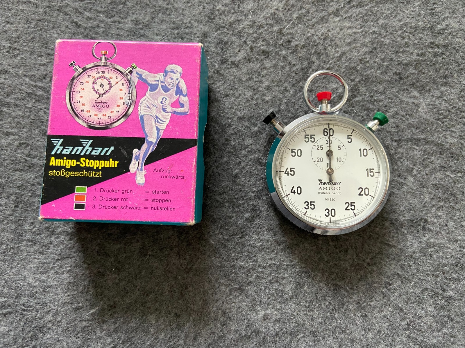 Hanhart Amigo 1/5 Vintage Mechanical Wind Up Stopwatch with the Box