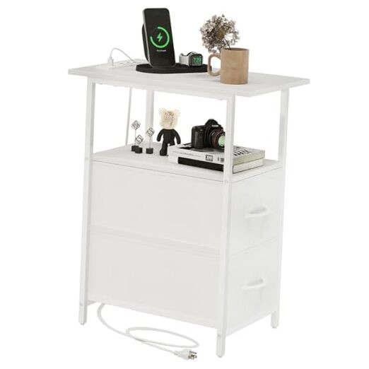 End Table with Charging Station,Narrow Side Table with 2 Fabric White Leather