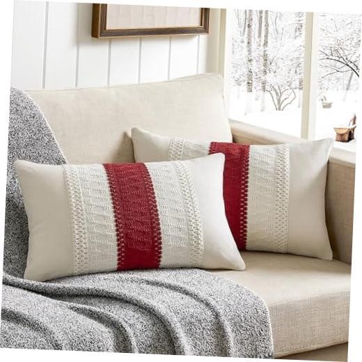 2 Packs Cotton Boho Christmas Lumbar Pillow 20" x 12" (Pack of 2) Contrast/Red
