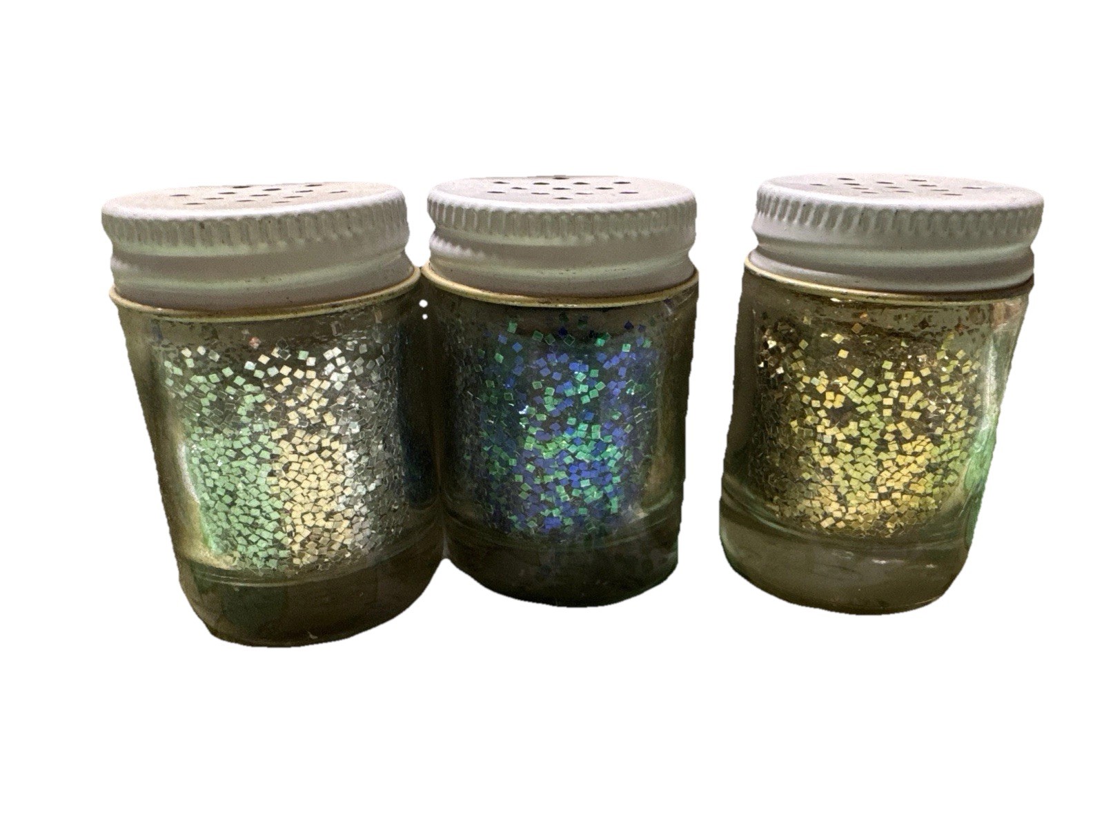 Lot of 3 Vintage Glitter Bottles Metal Shaker Lids Partially Full