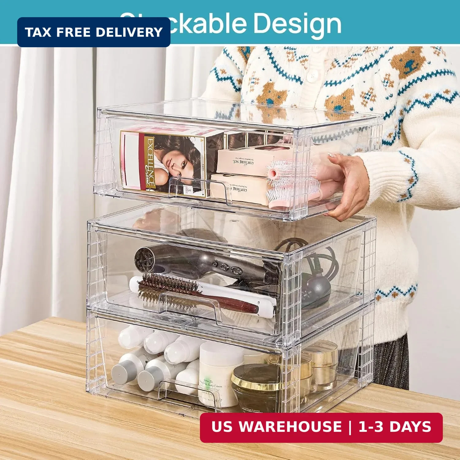 2 Pack Large Stackable Storage Drawers,Easily Assemble Clear Acrylic Ba