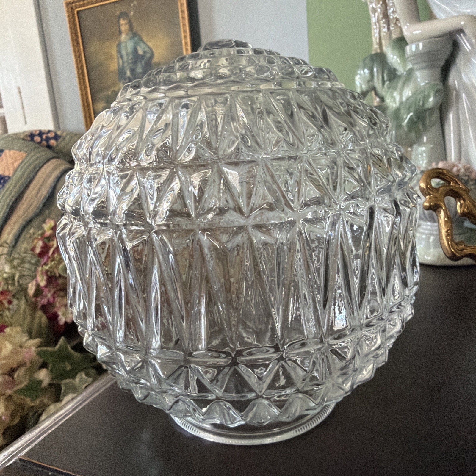 Globe Ceiling Art Deco Vintage Clear, 7” H; 3.125” Opening Diamond Pattern EUC