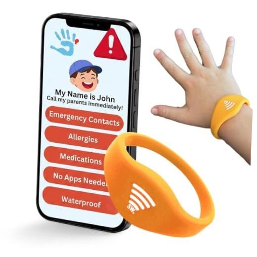 Kids ID Bracelet, Fitted NFC Safety Wristband, Waterproof Slip-On Neon Orange