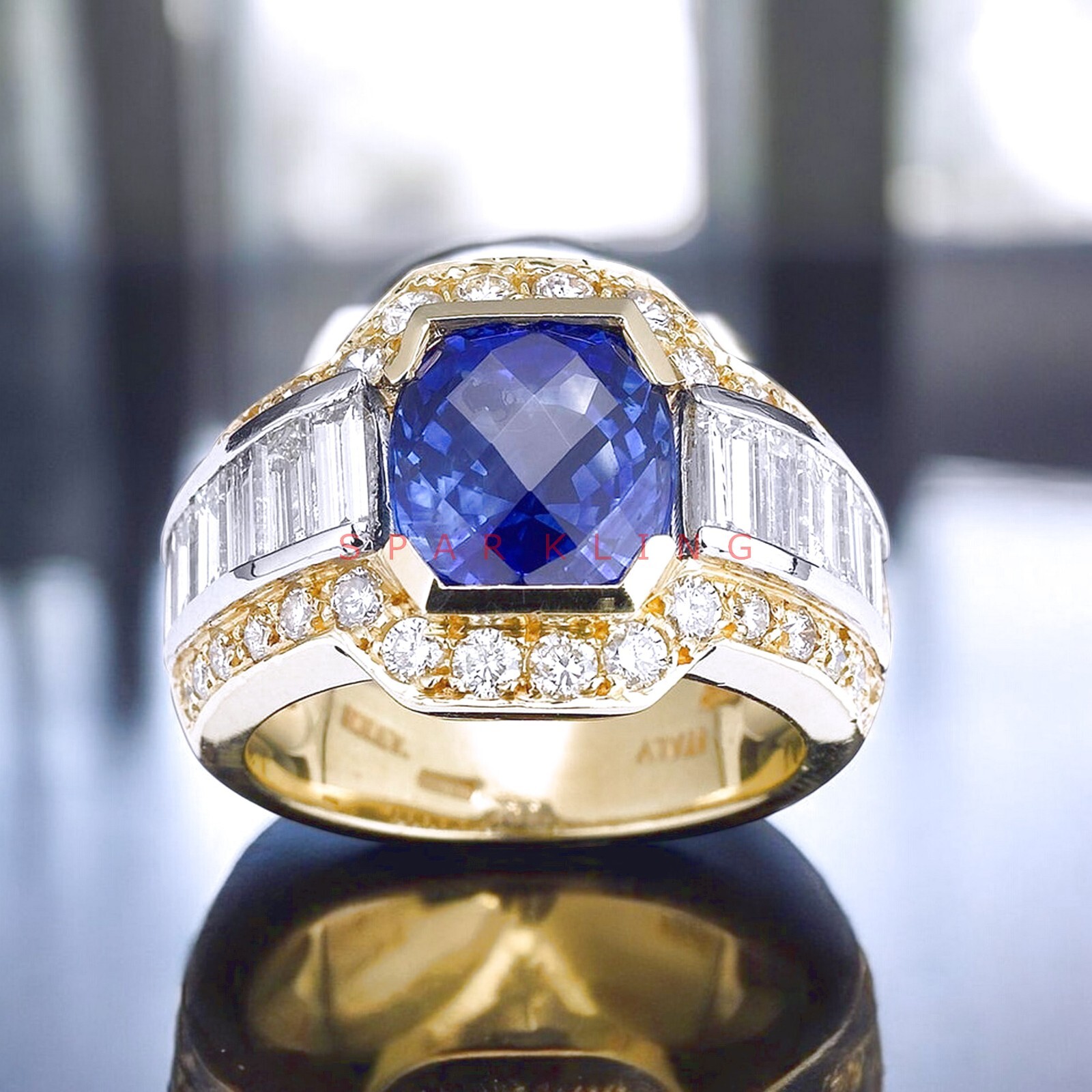 Blue Sapphire Round Cut With 14K Solid   Gold  Ring For Men#E477
