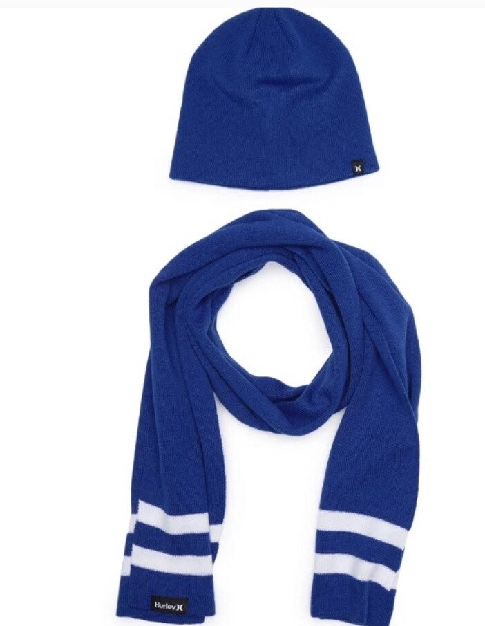 Hurley Beanie Hat & Scarf 2-Piece Set Blue And White Stripe One Size Winter NWT