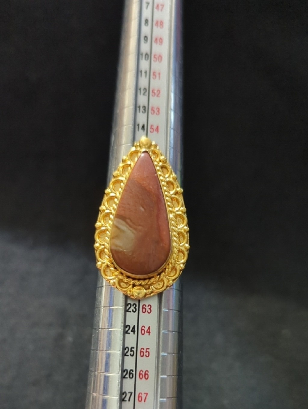 Gold Plated Red Brown Jasper Gemstone Teardrop Statement Ring - Size 9