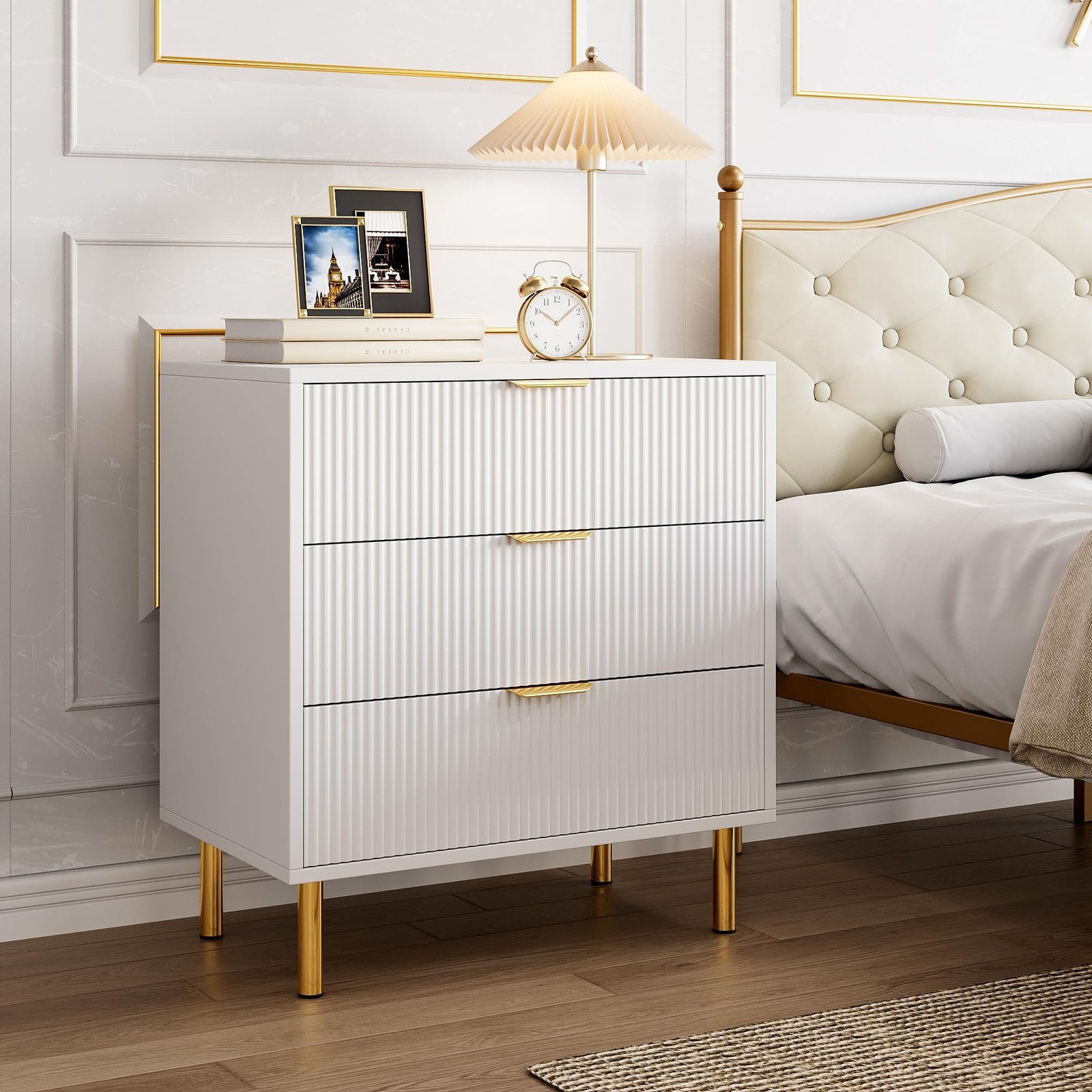 3 Drawer Dresser w/ Gold Handles, Modern Wood Chest of Drawers Storage Organizer