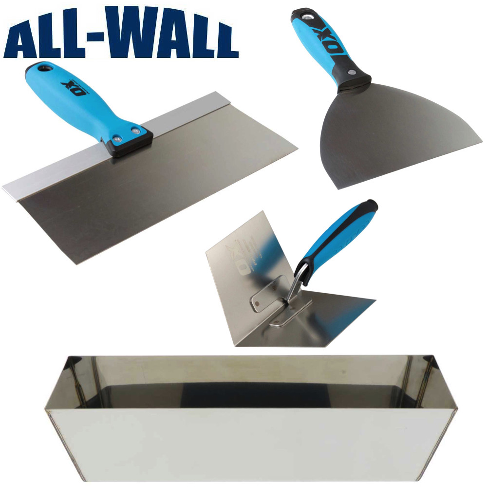 OX Pro Drywall Finish Set w/ Stainless Pan, 6"/12" Joint Knives, Corner Trowel