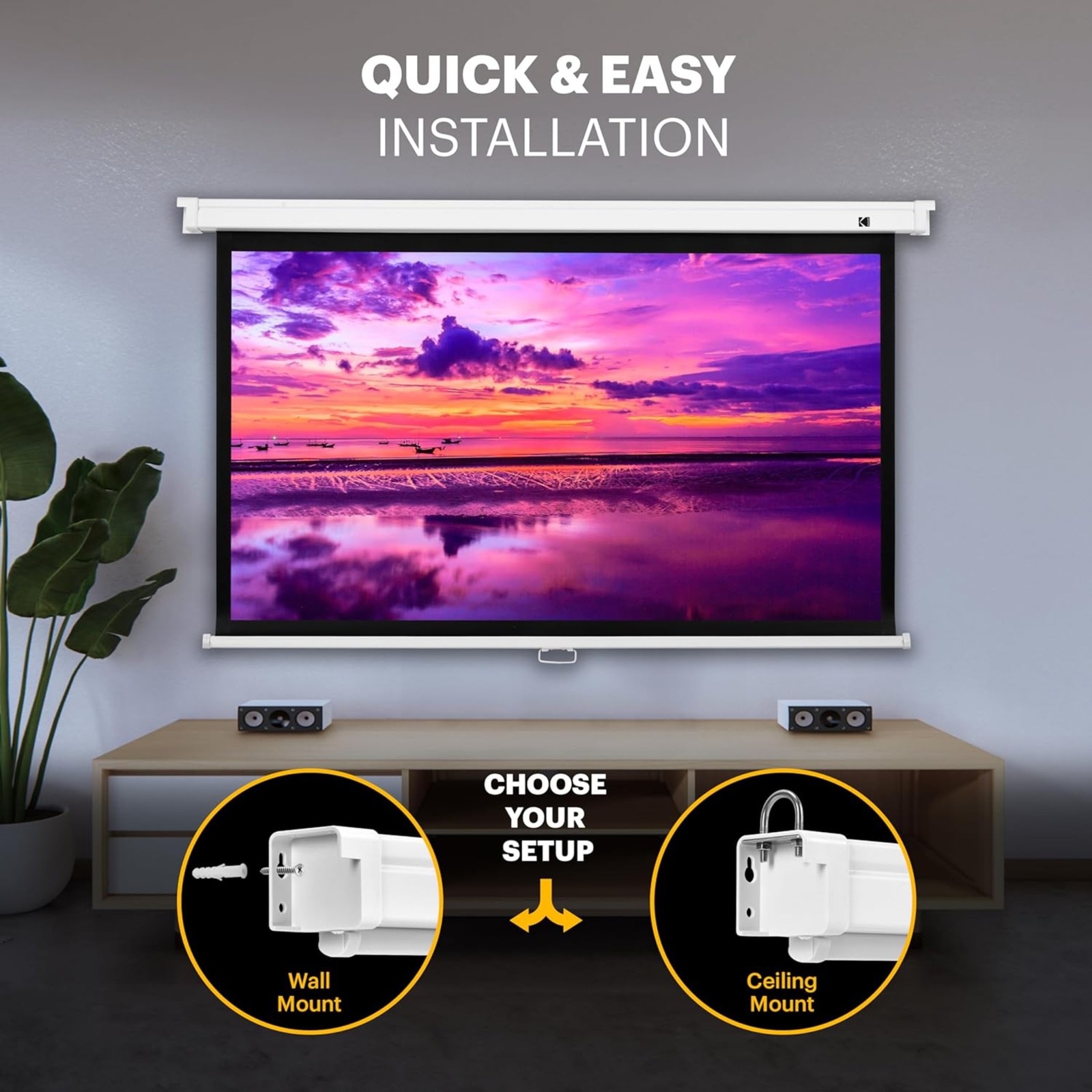 Kodak 60in Manual Pull Down Projector Screen, 16:9 Retractable HD Screen
