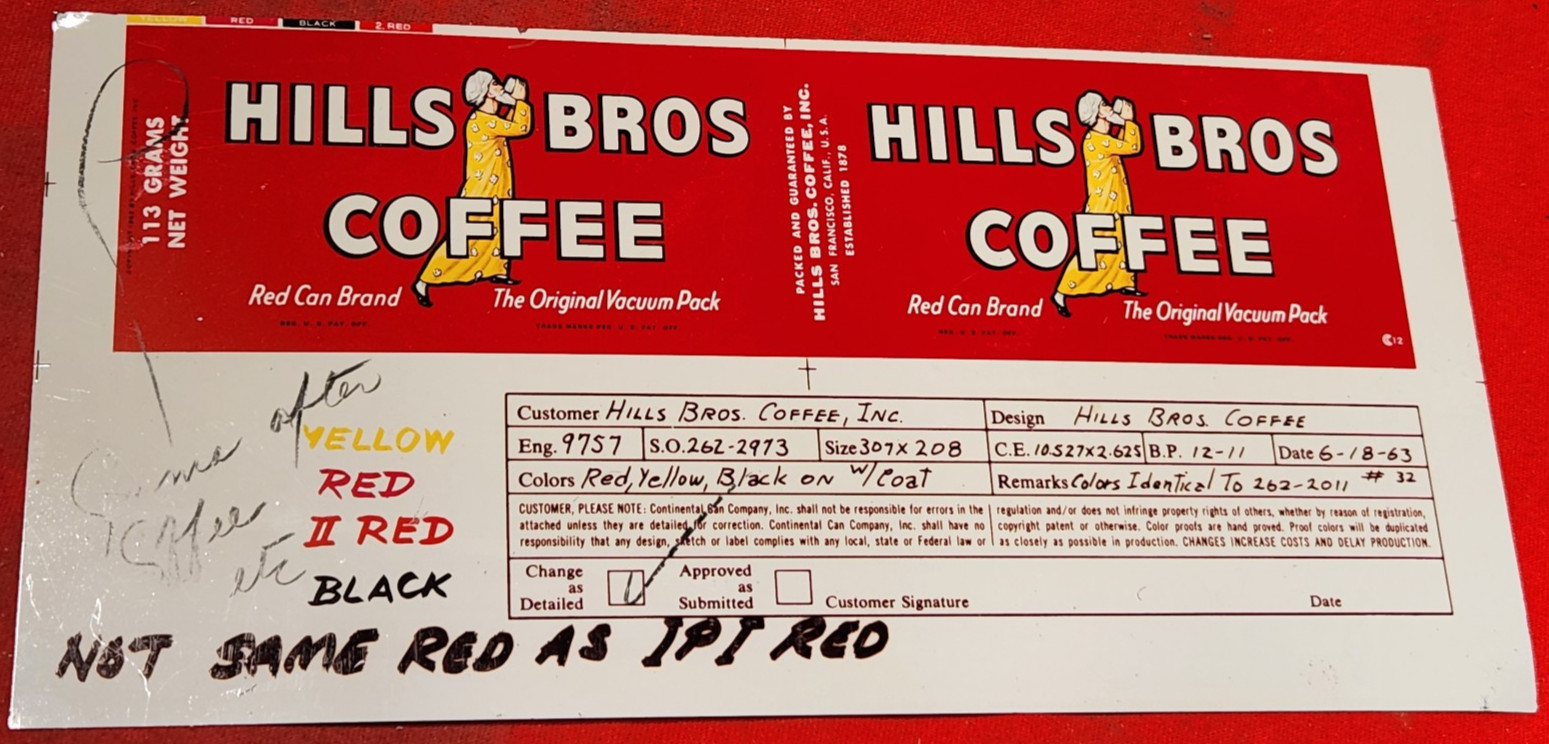 rare CONTINENTAL CAN flat HILLS BROS COFFEE vacuum pack  APROVAL Museum 1963 8w5
