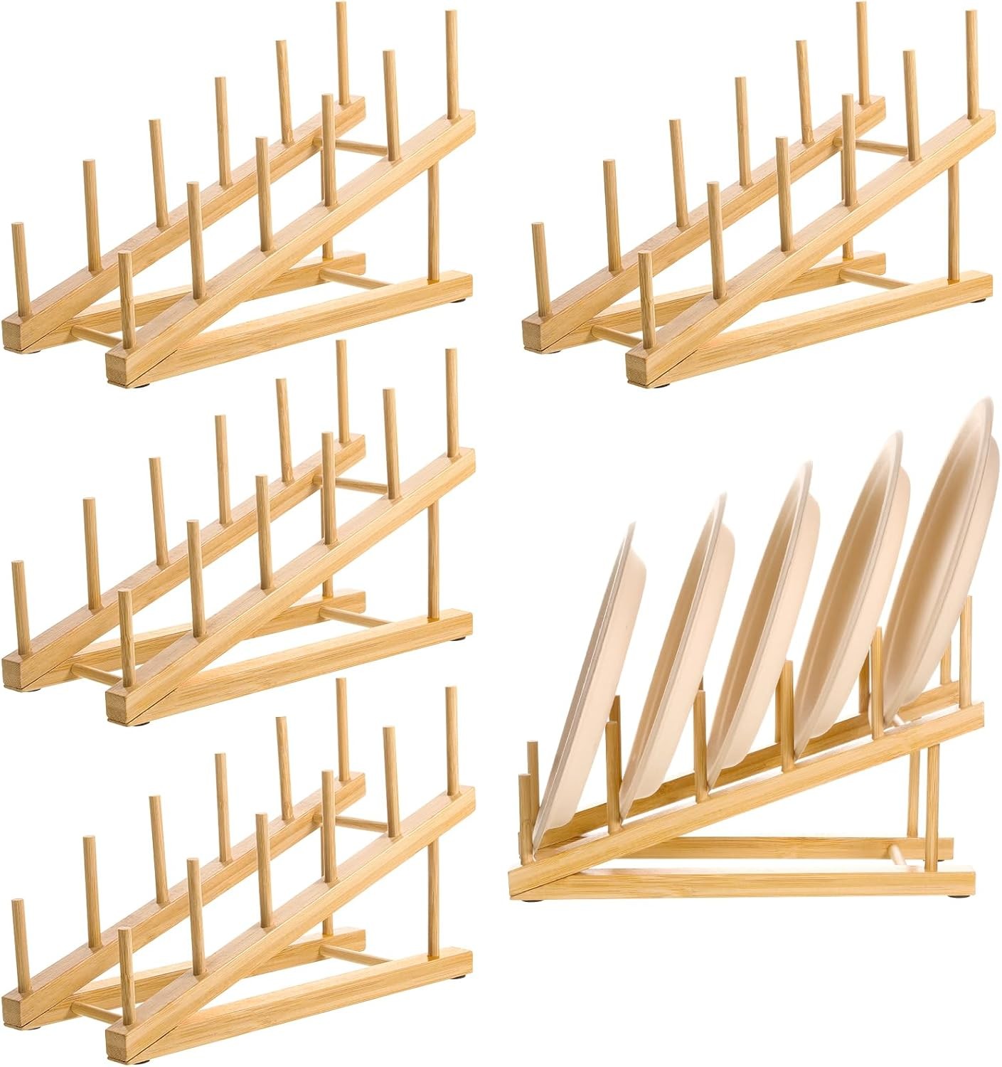 5 Pack Wooden Dish Rack Wooden Plate Stands Display Multi Tier Plate Holder