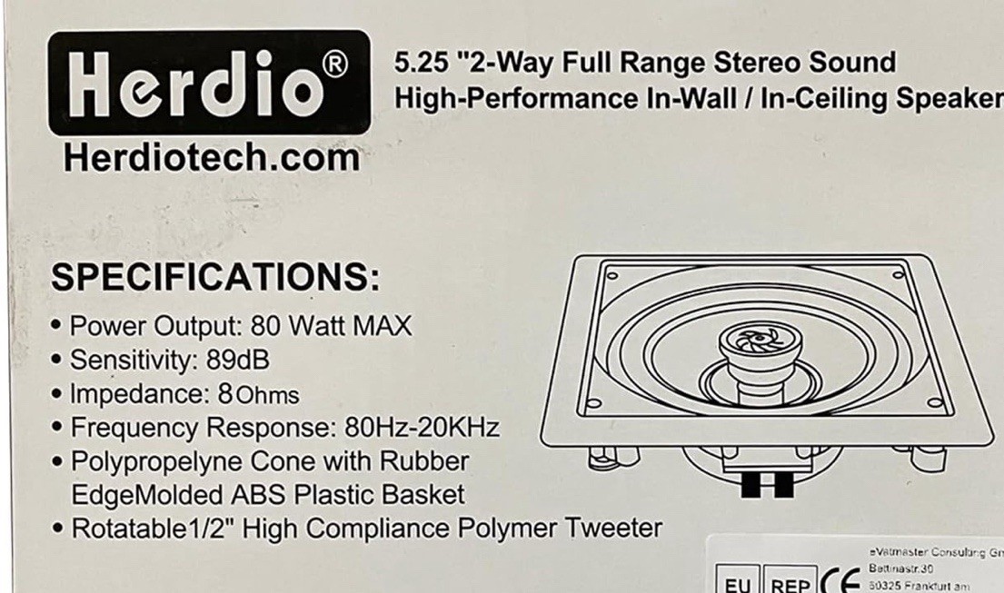 Herdio 5.25” Passive Ceiling Speaker 80W 2-Way Square