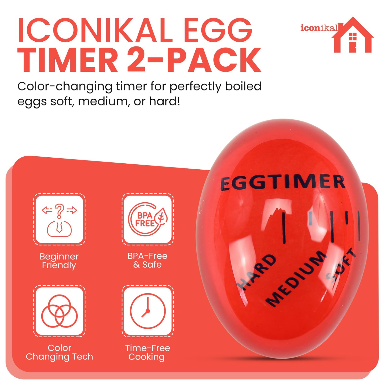 Iconikal Egg Timer 2-Pack, BPA Free Color Changing for Soft or Hard Boiled Eggs
