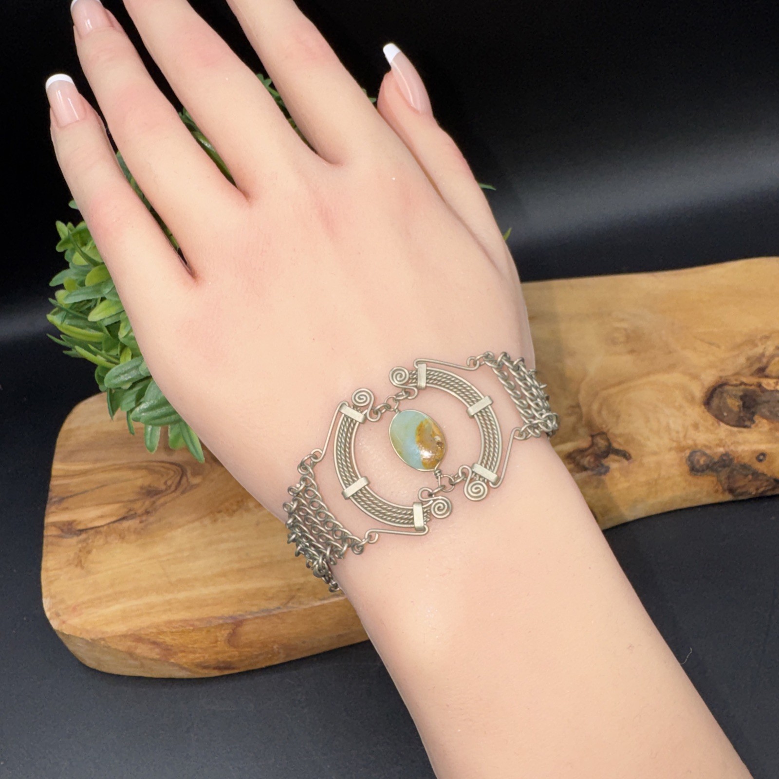 Beautiful Open Metal Work Bracelet Women’s 7" with Natural Stone
