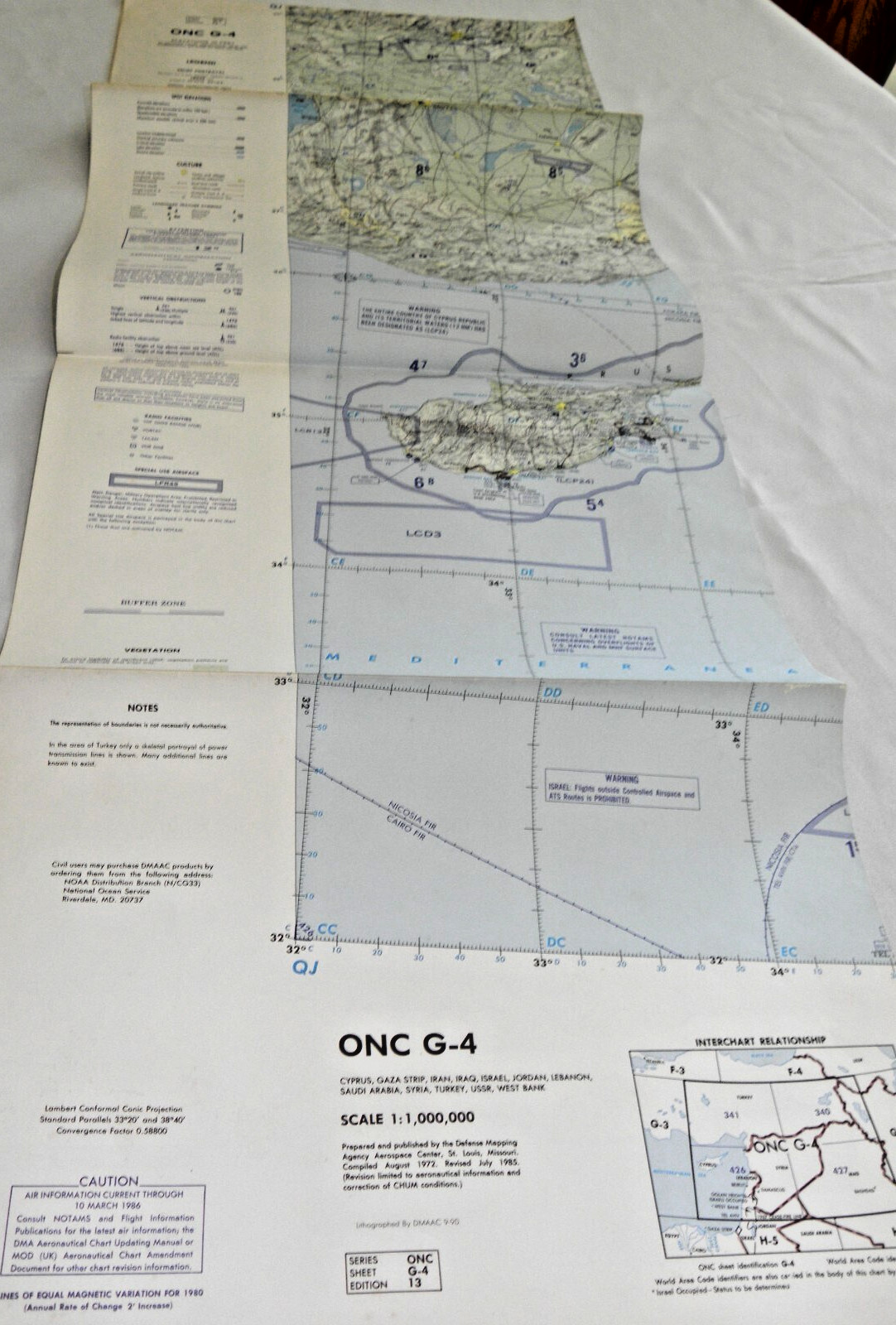 ONC G-4 Aeronautical Map 1990 Gaza Strip, Iran, Iraq, Israel, Jordan, Syria,...