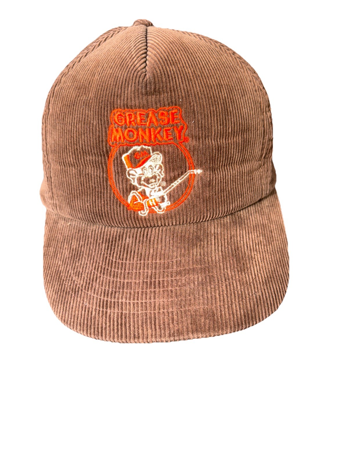 Grease Monkey Letters Orange Beige  Logo on Brown Corduroy Hat Cap Snap back