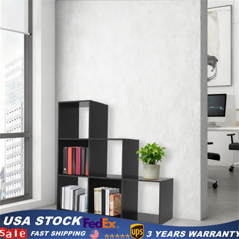 L-Shaped Storage Bookcase 6-cube Stepped Corner Shelf Book Rack Black Indoor NEW