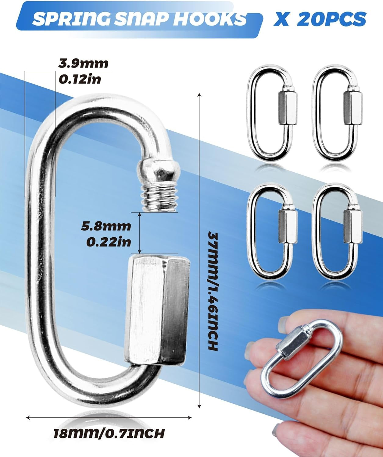 20 Pack 304 Stainless Steel M3.5 Chain Link 1/8 Inch D Shape Locking Quick New