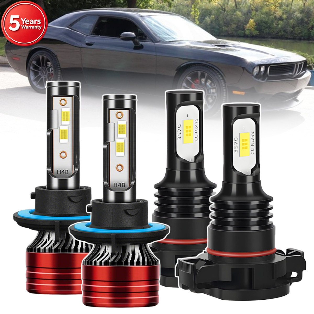 4× LED Headlight Bulbs Fog Light Hi-Lo Beam For Dodge Challenger 2011-2014