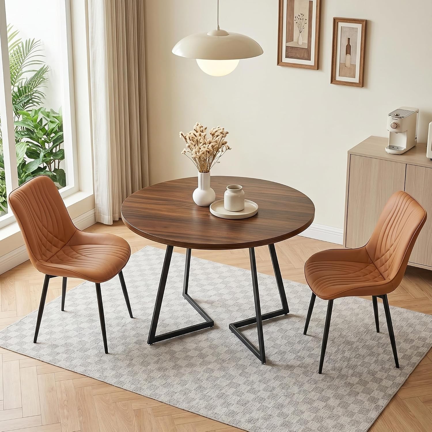 3-Piece Dining Table Set, Round Tabletop with Chairs, Vintage Brown | Wood Grain