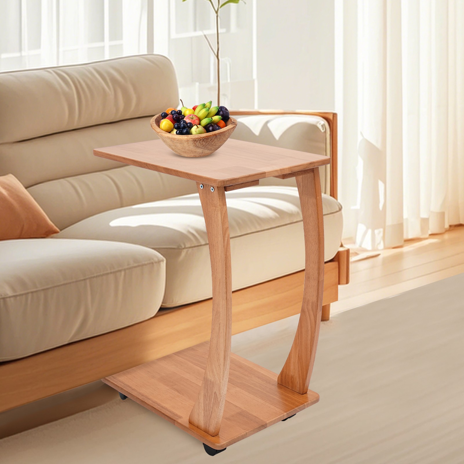 Solid Wood End Table With Rolling Wheels, C Shaped Side Table, Tv Tray Table