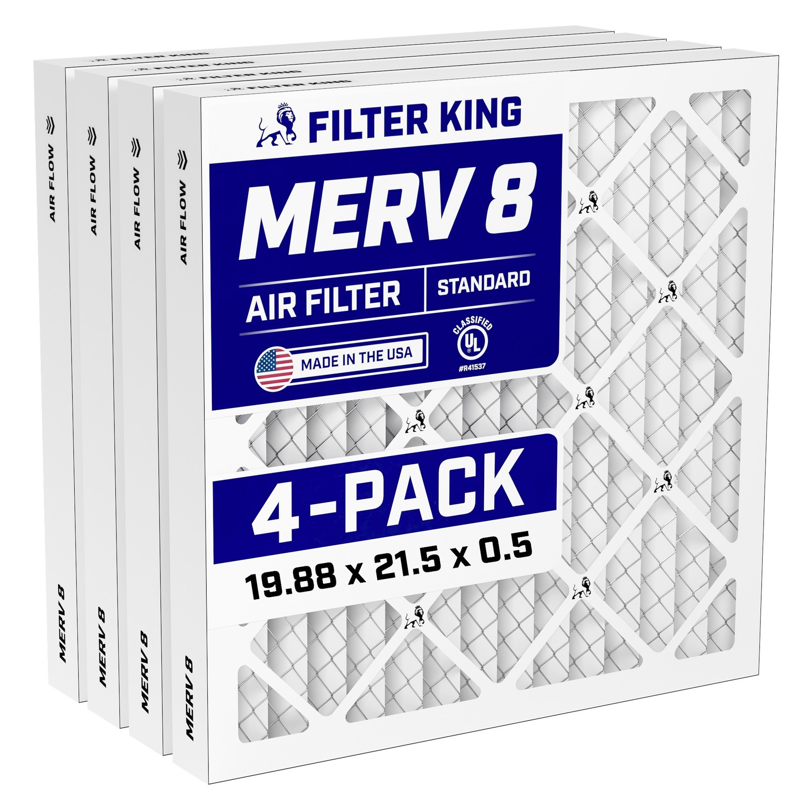 Filter King 19.88x21.5x0.5 Air Filter 4-PACK MERV 8 Actual Size 19.88 x 21.5 x