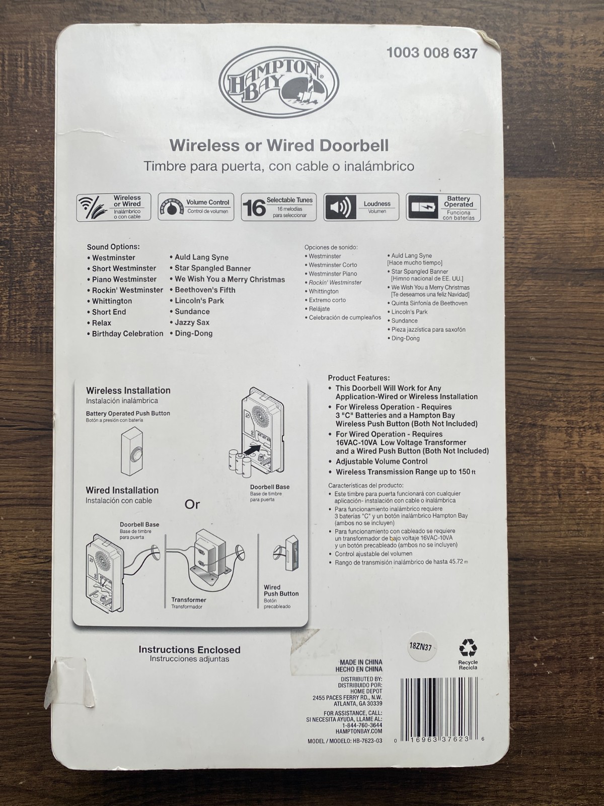 Hampton Bay Wireless or Wired Door Bell in Black Frame w/White Insert