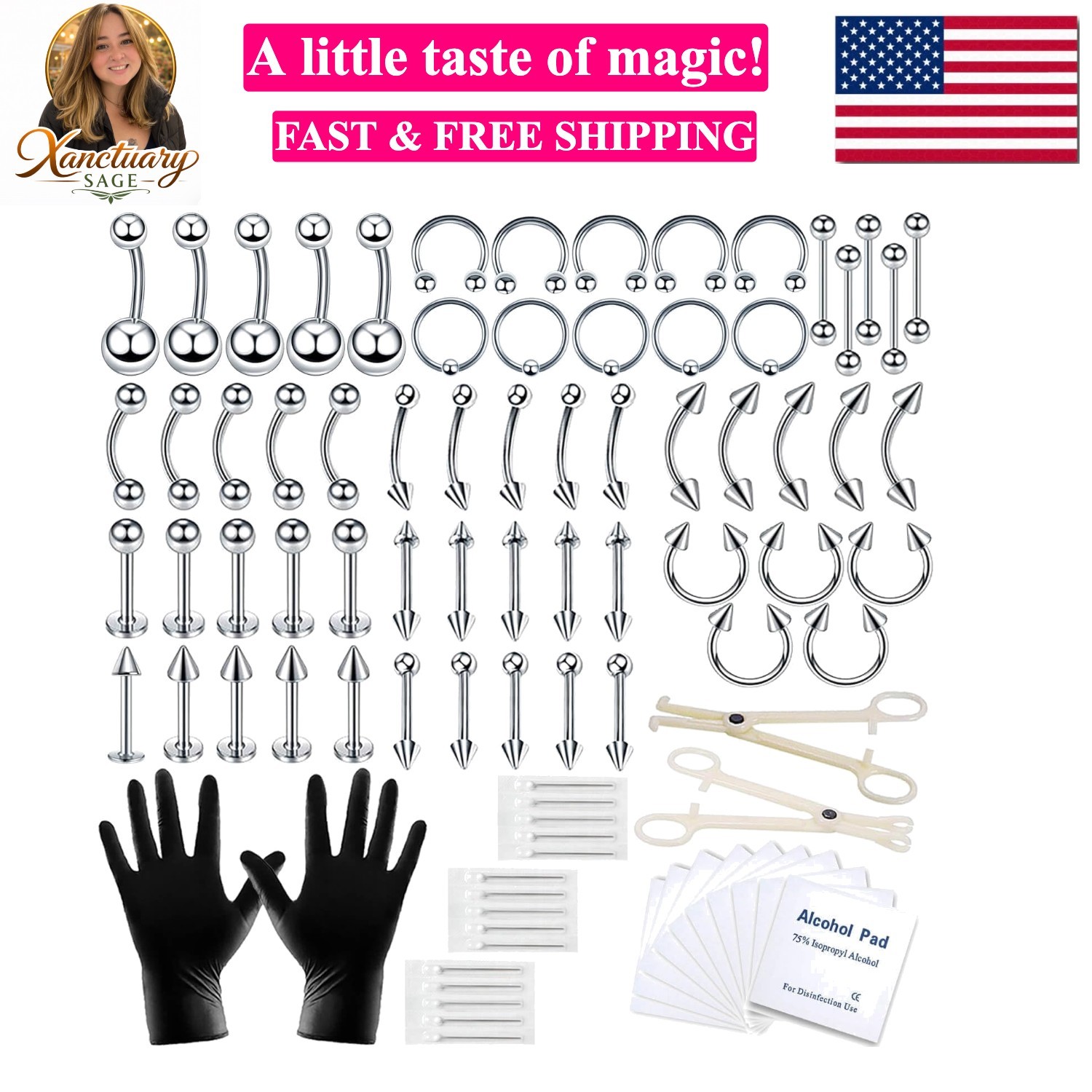 84PCS Body Septum Piercing Kit 14G 16G Tools for Nose Tongue Lip Ear Eyebrow ...