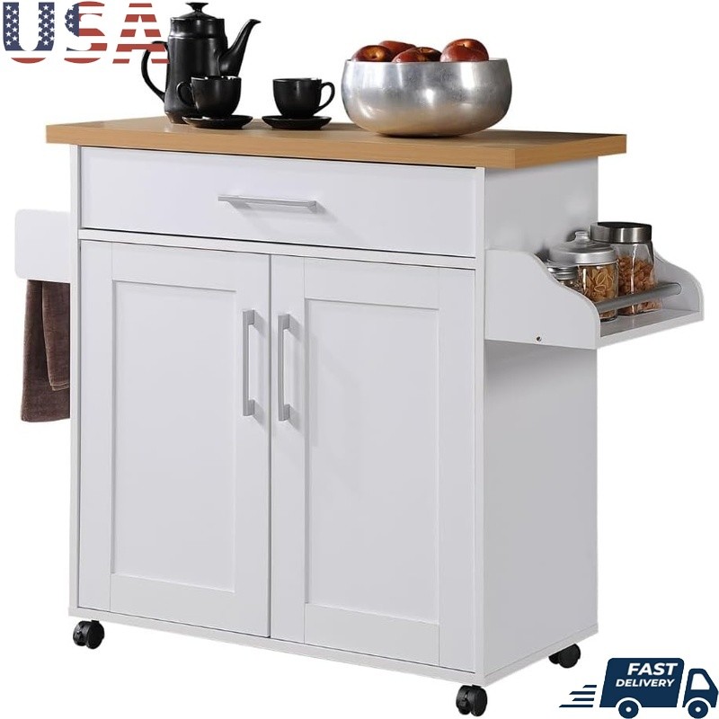 Wood Kitchen Island Storage Cart Mobile Towel Bar Spice Rack Drawer Cabinet New