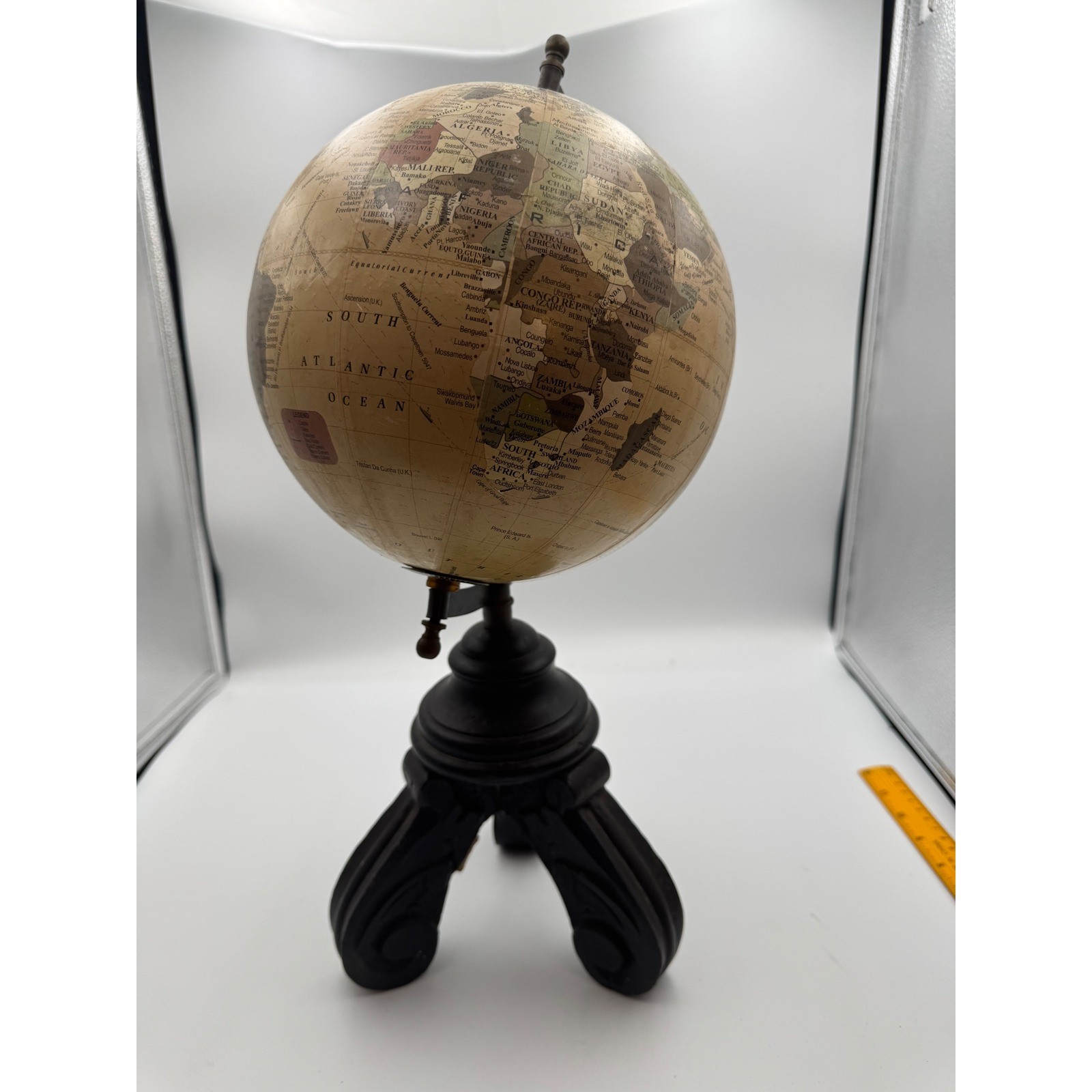 Vintage Style World Globe on Carved Wood Tripod Base Tan Brown