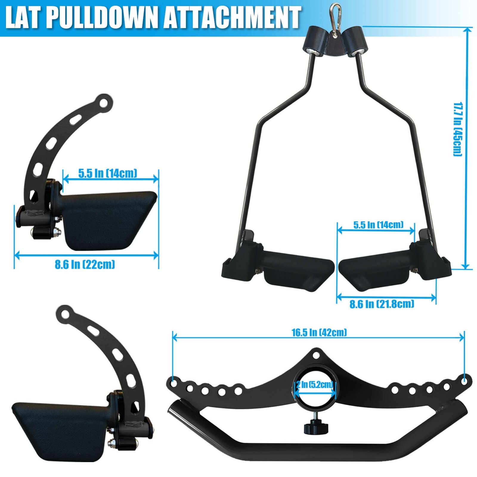 5Pcs Set Black Adjustable Lat Pull down Bar Cable Machine Attachments for Gym