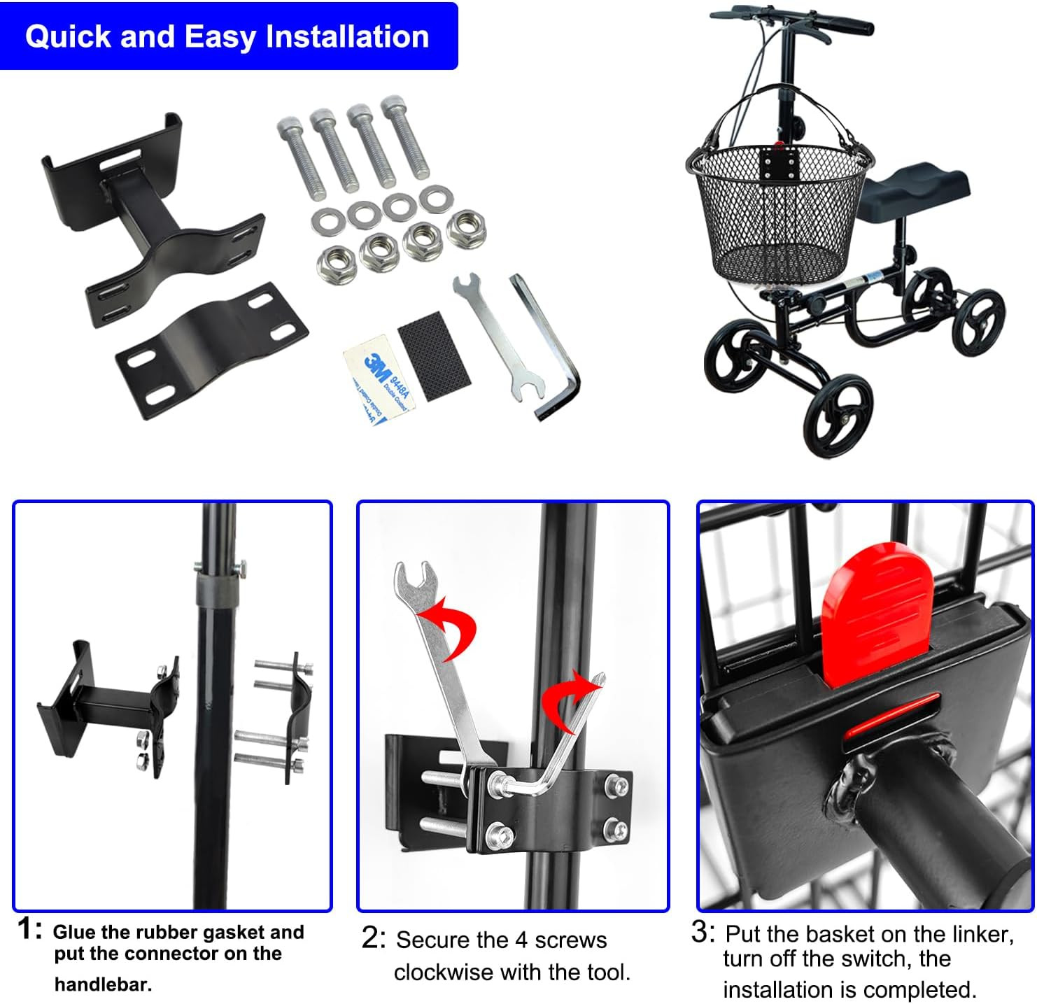 Knee Scooter Front Basket Quick Release Removable Fits Most Knee Scooters