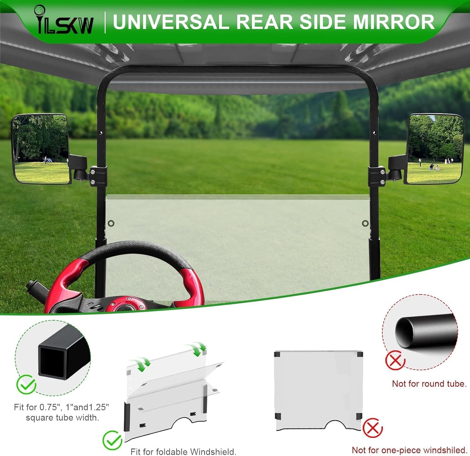 No Drilling Golf Cart Side Mirrors, Foldable Rear View Mirrors for 0.75" / 1" /
