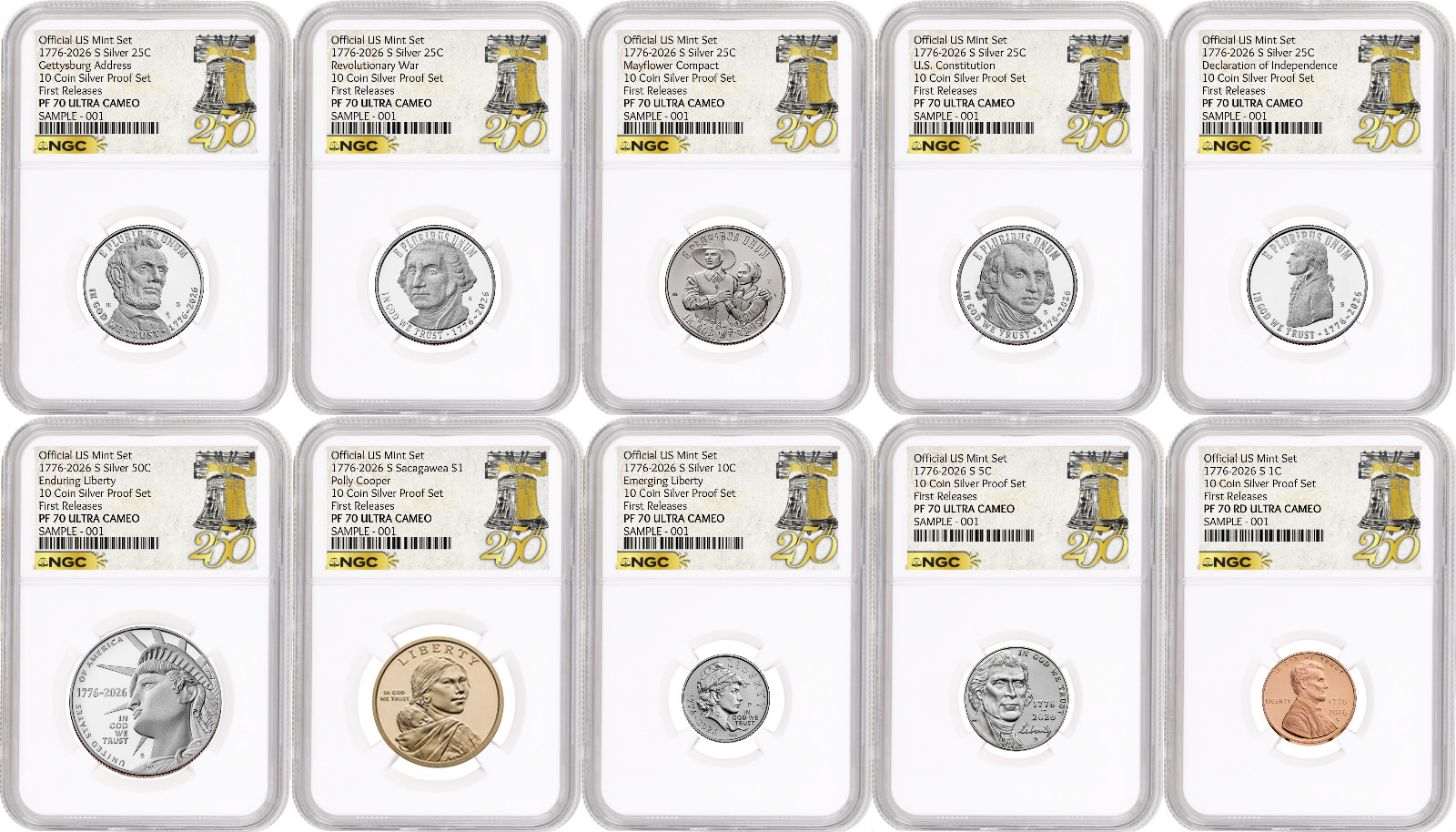 1776-2026 US Mint Complete 10 Coin Silver Proof Set, NGC PF70 FR, Bell Presale