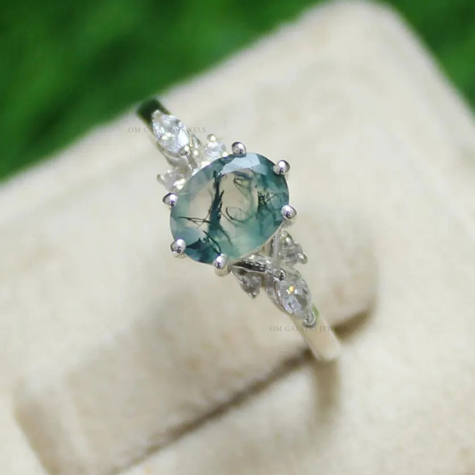 6x8mm Vintage Moss Agate 925 Sterling Silver Engagement / Wedding Ring for Women