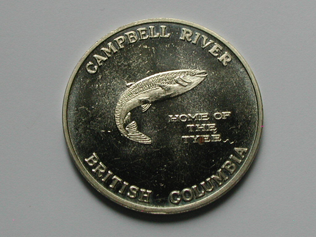 Campbell River BC CANADA 1978 Trade DOLLAR Token with Tyee Salmon Fish & Mascot