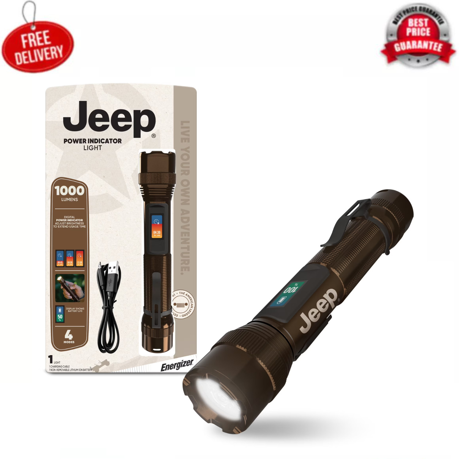 Jeep 1000 Lumen Rechargeable LED Flashlight Power Indicator