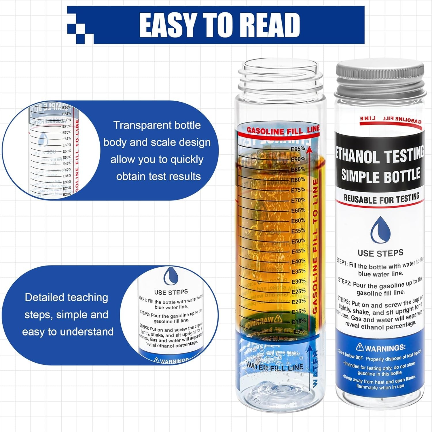 2 Pack E85 Ethanol Fuel Tester Bottles Gasoline Alcohol Content Test Kit Wide Mo