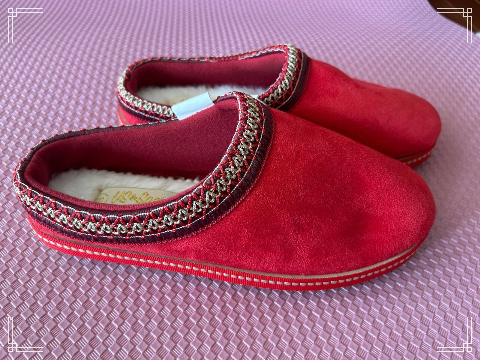 US Sports Red Faux Suede Fleece-Lined Slippers (Size 6)