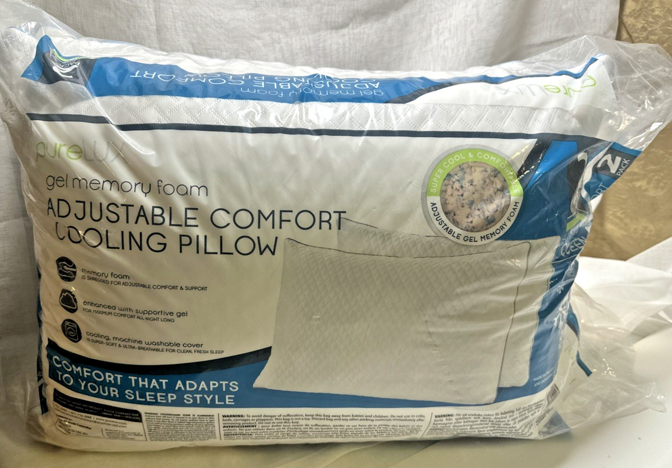 PureLUX Gel Memory Foam Adjustable Comfort Pillow Queen 2 Pack