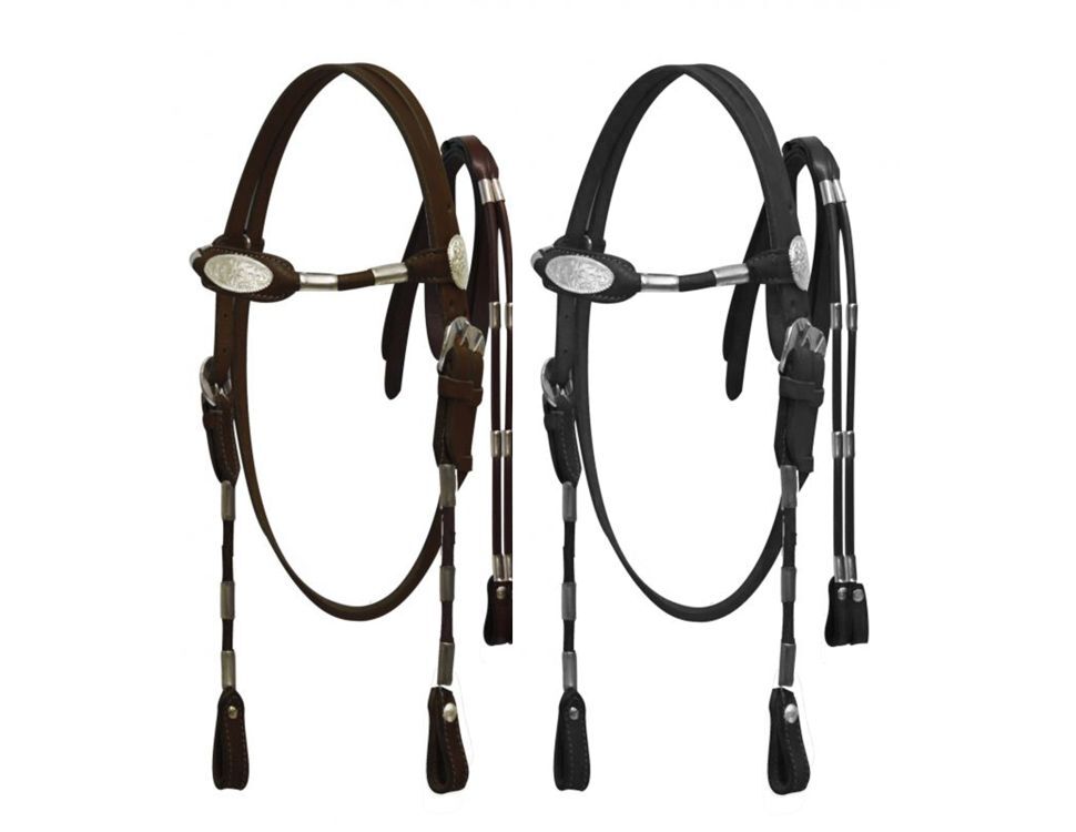 Horse size POCO Leather Rounded Browband HEADSTALL with Silver Accents & Reins