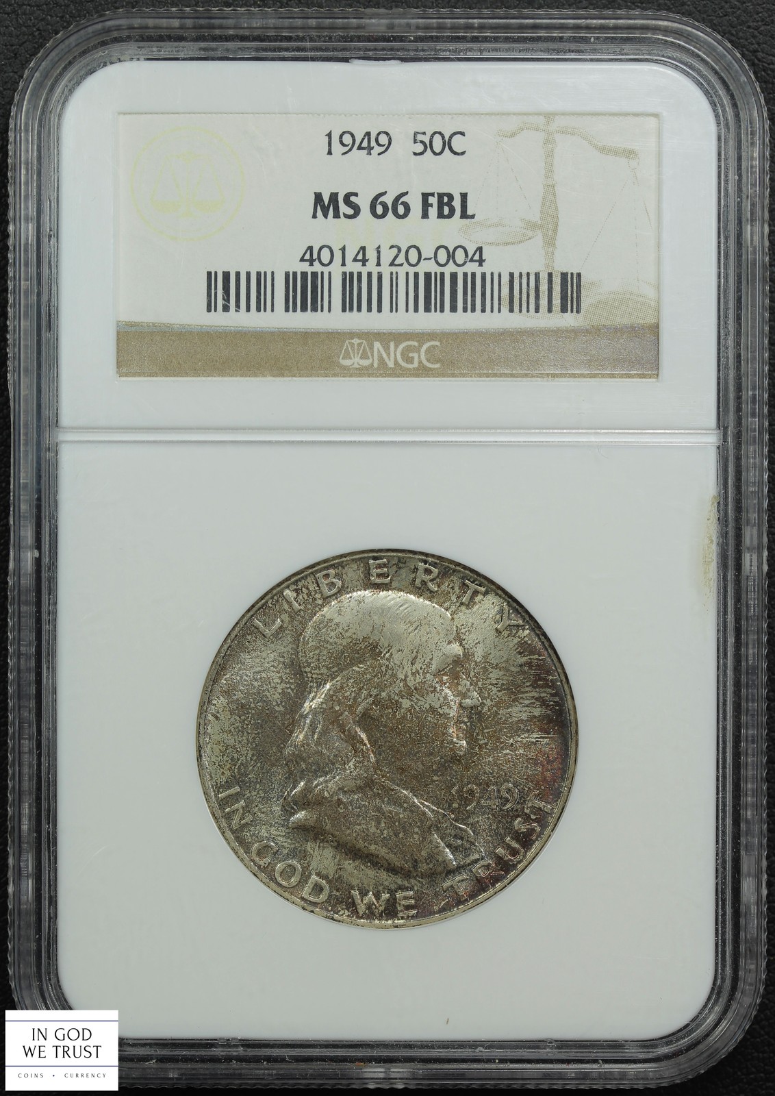 1949 Full Bell Lines Franklin Silver Half Dollar 50C NGC MS 66 FBL (TONED!)