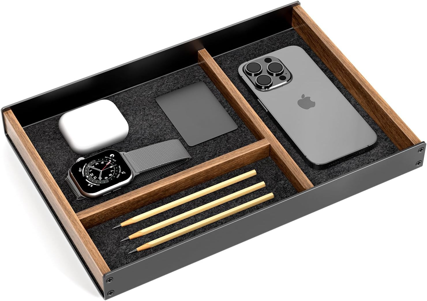 Walnut & Aluminum Valet Tray, Desk Drawer Organizer Tray for Desk | Nightstand O