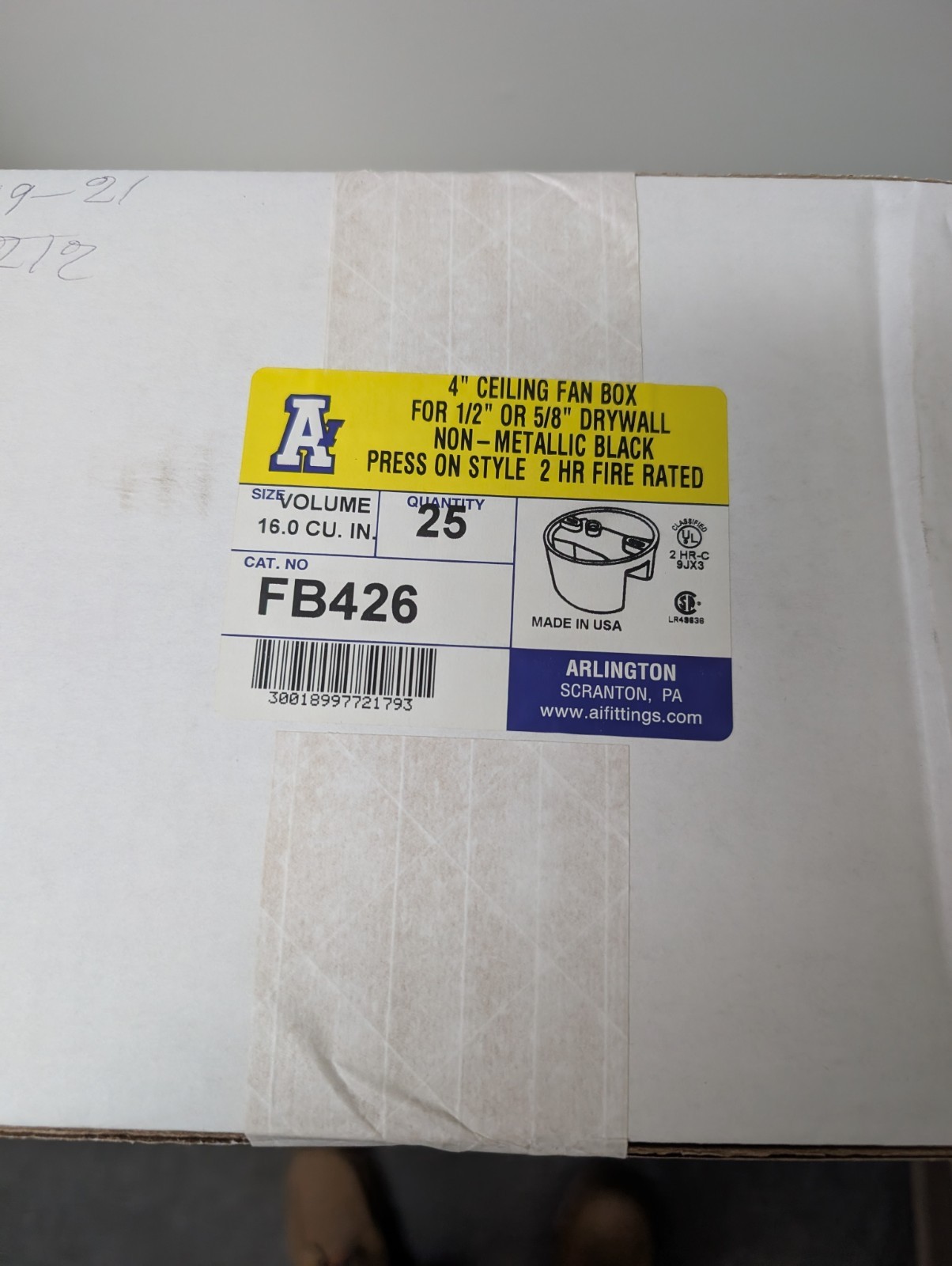 Case of 25 Arlington FB426 4" Press On Saddle Ceiling Fan Boxes