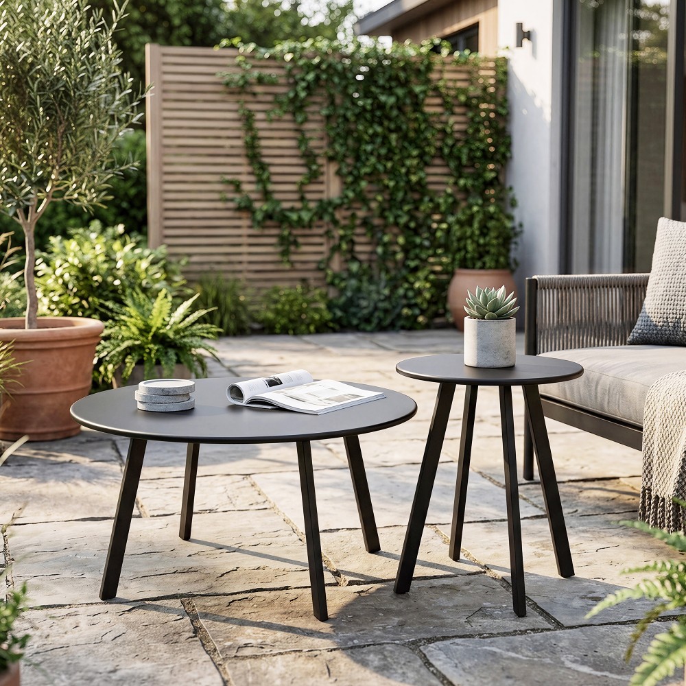 2-Piece Round Nesting Coffee Table Set Modern Black Metal Side End Tables Space