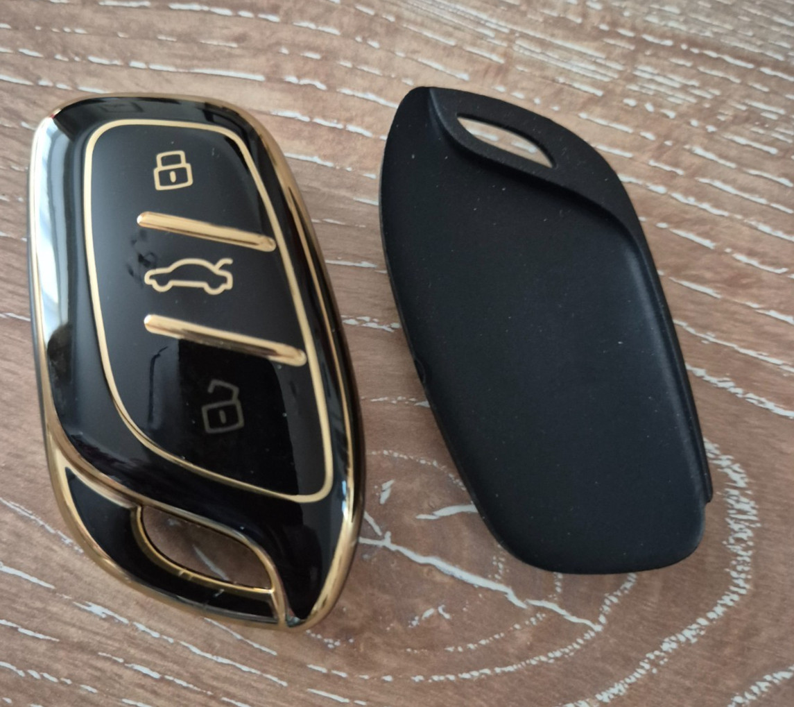 TPU 3 BUTTON CAR REMOTE KEY FOB CASE - BLACK WITH GOLD EDGING