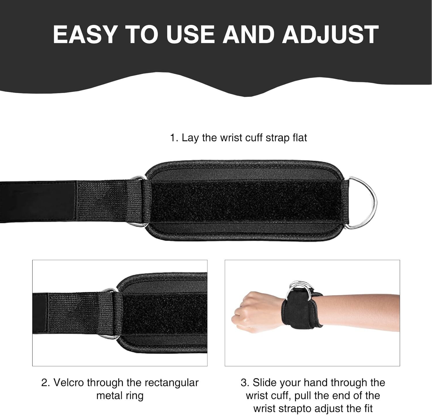 2 Pcs Wrist Cuffs Lifting Straps with D Rings for Cable Machine, Adjustable Gym