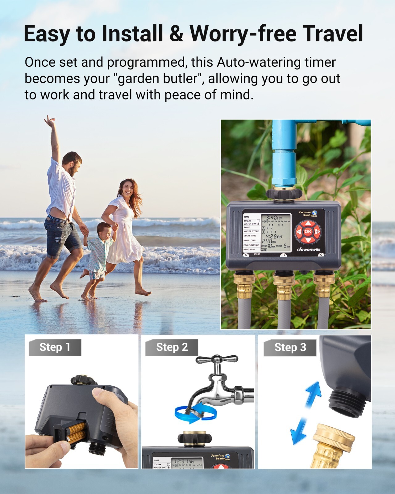 DEWENWILS Sprinkler Timer 3 Zone Hose Water Timer with 4 Programmable Procedures