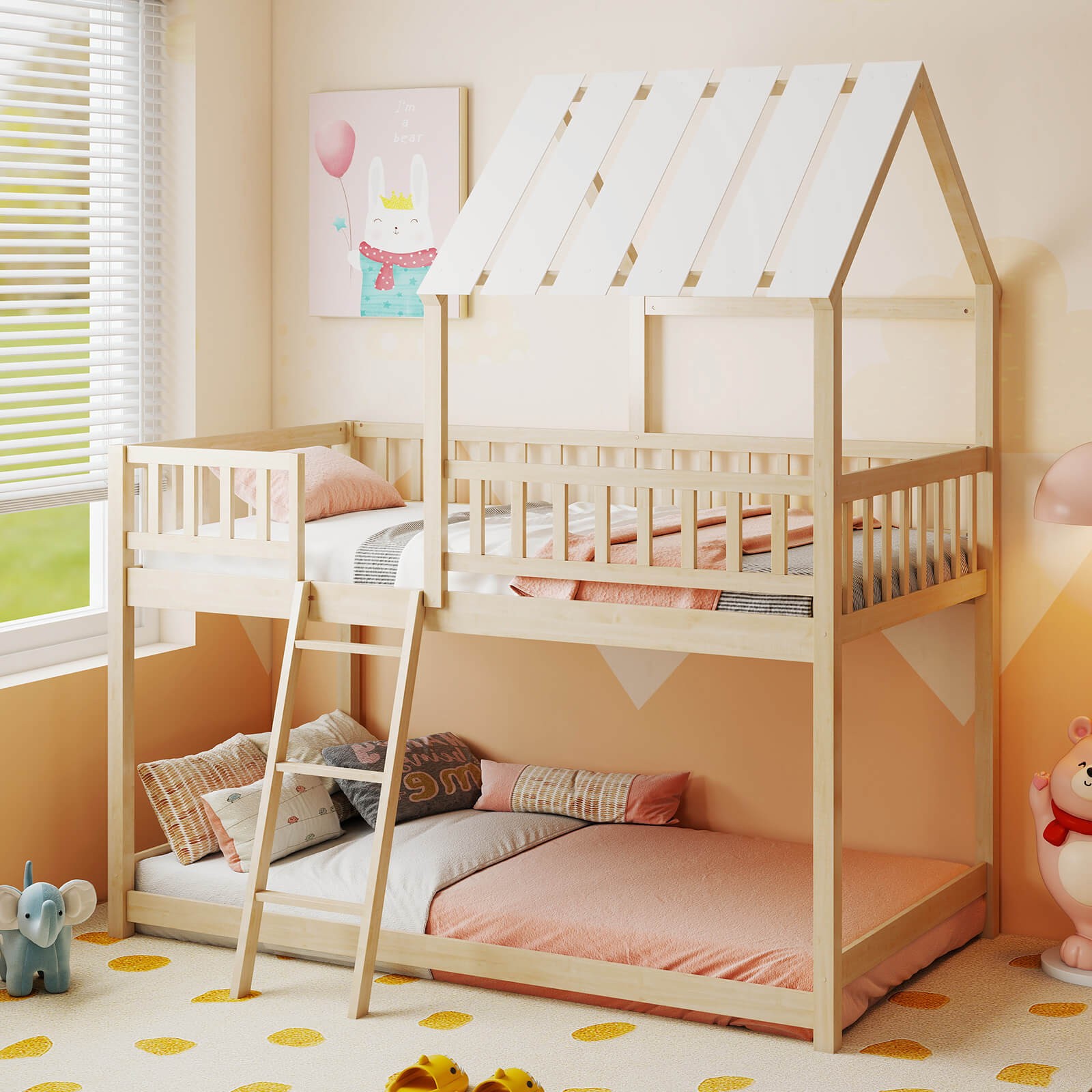 Twin Over Twin House Bunk Bed w/Roof Ladder & Full-length Guardrails for Kids